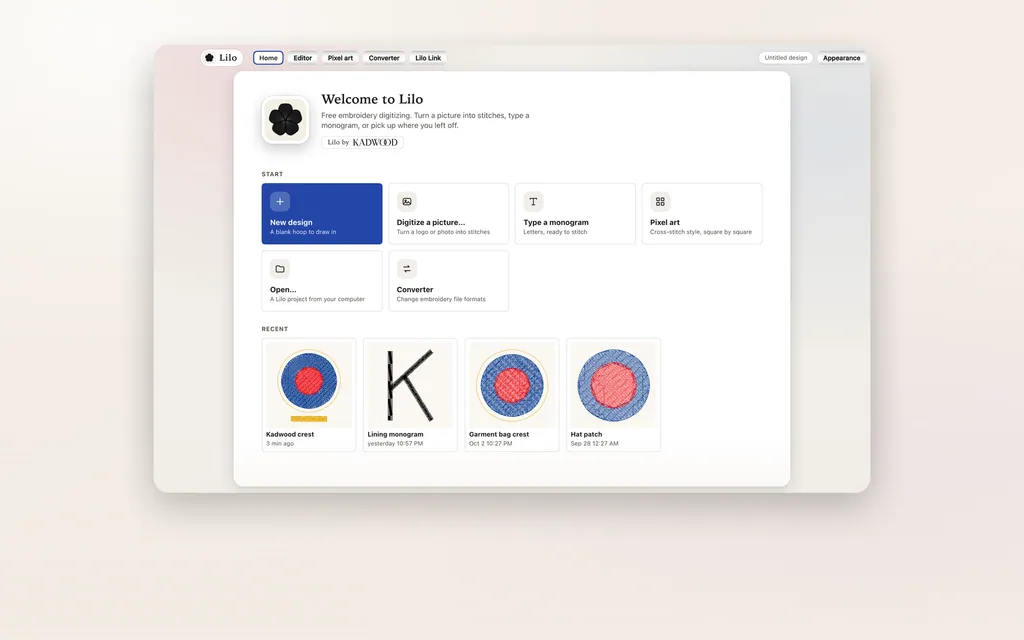 The Lilo home screen with a welcome and recent designs