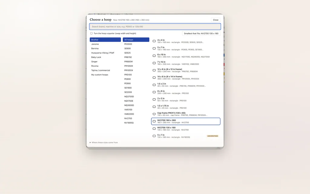 The Choose a hoop window listing machines and hoop sizes