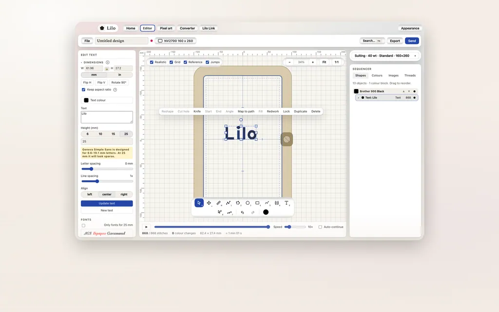 The word Lilo typed as embroidery letters on the hoop