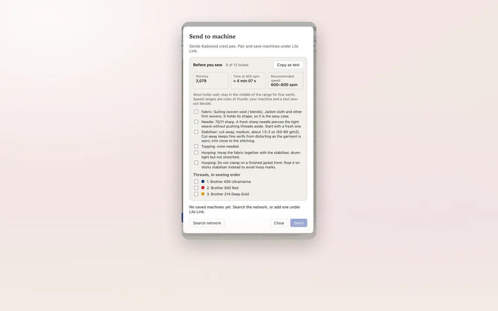The Send to machine window with a checklist before you sew