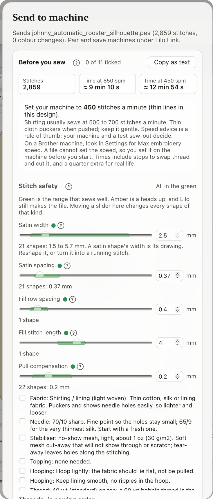 The Stitch safety card in the Send window, with a green band behind each slider and "All in the green" at the top